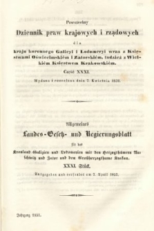 Powszechny Dziennik Praw Krajowych i Rządowych [...] = Allgemeines Landes-Gesetz- und Regierungs-Blatt [...]. 1851, oddział 2, cz. 31