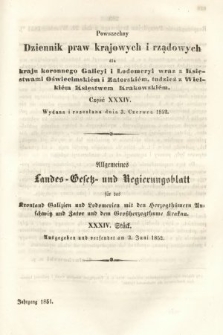 Powszechny Dziennik Praw Krajowych i Rządowych [...] = Allgemeines Landes-Gesetz- und Regierungs-Blatt [...]. 1851, oddział 2, cz. 34