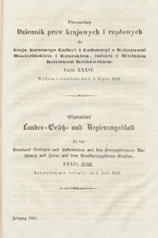Powszechny Dziennik Praw Krajowych i Rządowych [...] = Allgemeines Landes-Gesetz- und Regierungs-Blatt [...]. 1851, oddział 2, cz. 36