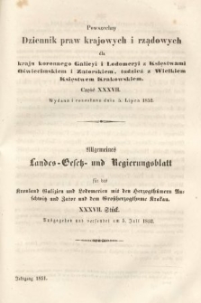 Powszechny Dziennik Praw Krajowych i Rządowych [...] = Allgemeines Landes-Gesetz- und Regierungs-Blatt [...]. 1851, oddział 2, cz. 37