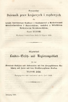 Powszechny Dziennik Praw Krajowych i Rządowych [...] = Allgemeines Landes-Gesetz- und Regierungs-Blatt [...]. 1851, oddział 2, cz. 38