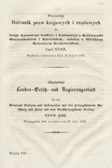 Powszechny Dziennik Praw Krajowych i Rządowych [...] = Allgemeines Landes-Gesetz- und Regierungs-Blatt [...]. 1851, oddział 2, cz. 39
