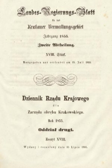 Dziennik Rządu Krajowego dla Zarządu Obrębu Krakowskiego. 1855, oddział 2, z. 18