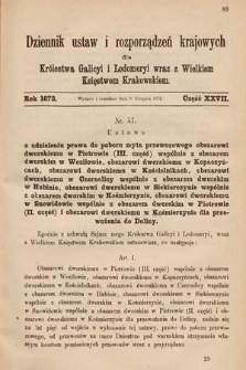 Dziennik Ustaw i Rozporządzeń Krajowych dla Królestwa Galicyi i Lodomeryi wraz z Wielkiem Księstwem Krakowskiem. 1872, cz. 27