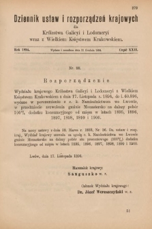 Dziennik Ustaw i Rozporządzeń Krajowych dla Królestwa Galicyi i Lodomeryi wraz z Wielkiem Księstwem Krakowskiem. 1894, cz. 22