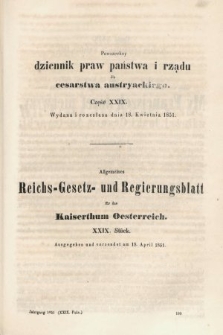 Powszechny Dziennik Praw Państwa i Rządu dla Cesarstwa Austryackiego = Allgemeines Reichs-Gesetz-und Regierungsblatt für das Kaiserthum Osterreich. 1851, oddział 1, cz. 29