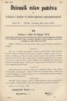 Dziennik Ustaw Państwa dla Królestw i Krajów w Radzie Państwa Reprezentowanych. 1873. zeszyt 9