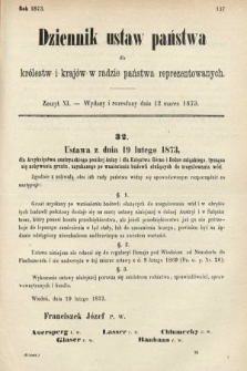 Dziennik Ustaw Państwa dla Królestw i Krajów w Radzie Państwa Reprezentowanych. 1873. zeszyt 11