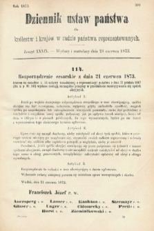 Dziennik Ustaw Państwa dla Królestw i Krajów w Radzie Państwa Reprezentowanych. 1873. zeszyt 39