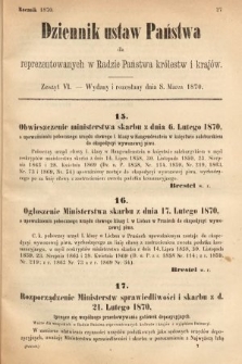 Dziennik Ustaw Państwa dla Reprezentowanych w Radzie Państwa Królestw i Krajów. 1870, z. 6