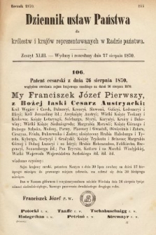 Dziennik Ustaw Państwa dla Królestw i Krajów Reprezentowanych w Radzie Państwa. 1870, z. 43