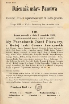 Dziennik Ustaw Państwa dla Królestw i Krajów Reprezentowanych w Radzie Państwa. 1870, z. 46
