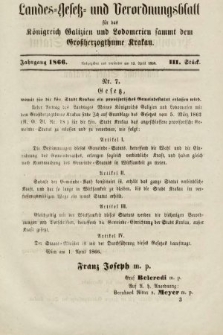 Landes-Gesetz- und Verordnungsblatt für das Königreich Galizien und Lodomerien sammt dem Großherzogthume Krakau. 1866, Stück 3