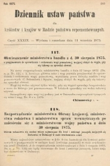 Dziennik Ustaw Państwa dla Królestw i Krajów w Radzie Państwa Reprezentowanych. 1875. zeszyt 39