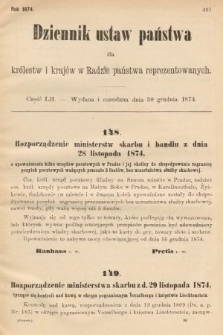Dziennik Ustaw Państwa dla Królestw i Krajów w Radzie Państwa Reprezentowanych. 1874, cz. 52