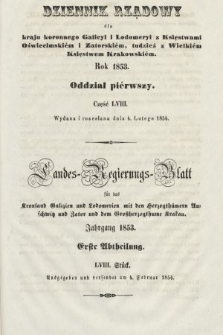 Dziennik Rządowy dla Kraju Koronnego Galicyi i Lodomeryi [...] = Landes-Regierungs-Blatt für das Kronland Galizien und Lodomerien [...]. 1853, oddział 1, cz. 58