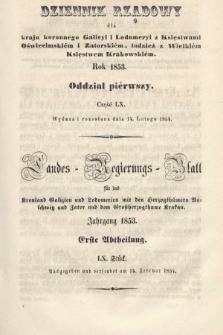 Dziennik Rządowy dla Kraju Koronnego Galicyi i Lodomeryi [...] = Landes-Regierungs-Blatt für das Kronland Galizien und Lodomerien [...]. 1853, oddział 1, cz. 60