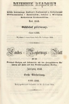 Dziennik Rządowy dla Kraju Koronnego Galicyi i Lodomeryi [...] = Landes-Regierungs-Blatt für das Kronland Galizien und Lodomerien [...]. 1853, oddział 1, cz. 63