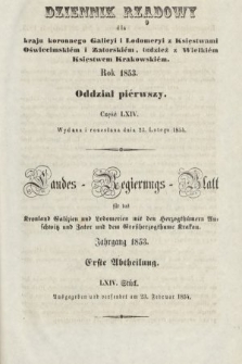 Dziennik Rządowy dla Kraju Koronnego Galicyi i Lodomeryi [...] = Landes-Regierungs-Blatt für das Kronland Galizien und Lodomerien [...]. 1853, oddział 1, cz. 64