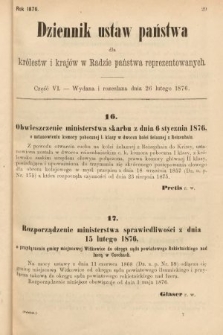 Dziennik Ustaw Państwa dla Królestw i Krajów w Radzie Państwa Reprezentowanych. 1876, cz. 6