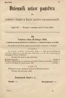 Dziennik Ustaw Państwa dla Królestw i Krajów w Radzie Państwa Reprezentowanych. 1883, cz. 7