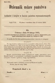 Dziennik Ustaw Państwa dla Królestw i Krajów w Radzie Państwa Reprezentowanych. 1883, cz. 8