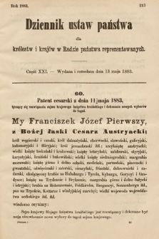 Dziennik Ustaw Państwa dla Królestw i Krajów w Radzie Państwa Reprezentowanych. 1883, cz. 21