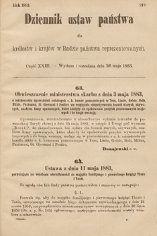 Dziennik Ustaw Państwa dla Królestw i Krajów w Radzie Państwa Reprezentowanych. 1883, cz. 23