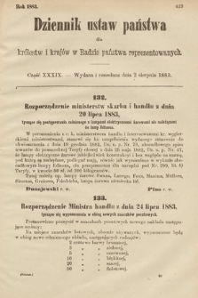 Dziennik Ustaw Państwa dla Królestw i Krajów w Radzie Państwa Reprezentowanych. 1883, cz. 39