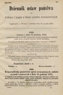Dziennik Ustaw Państwa dla Królestw i Krajów w Radzie Państwa Reprezentowanych. 1883, cz. 56