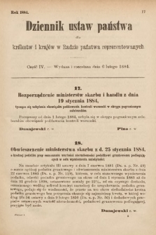 Dziennik Ustaw Państwa dla Królestw i Krajów w Radzie Państwa Reprezentowanych. 1884, cz. 4