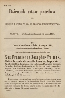 Dziennik Ustaw Państwa dla Królestw i Krajów w Radzie Państwa Reprezentowanych. 1884, cz. 7