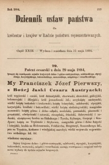 Dziennik Ustaw Państwa dla Królestw i Krajów w Radzie Państwa Reprezentowanych. 1884, cz. 23
