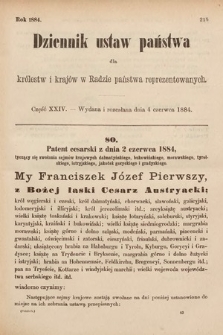 Dziennik Ustaw Państwa dla Królestw i Krajów w Radzie Państwa Reprezentowanych. 1884, cz. 24