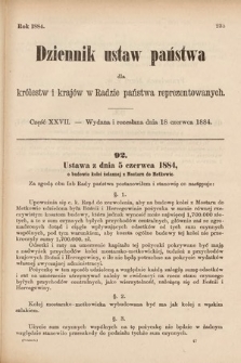 Dziennik Ustaw Państwa dla Królestw i Krajów w Radzie Państwa Reprezentowanych. 1884, cz. 27