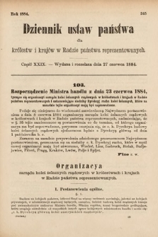 Dziennik Ustaw Państwa dla Królestw i Krajów w Radzie Państwa Reprezentowanych. 1884, cz. 29