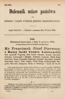 Dziennik Ustaw Państwa dla Królestw i Krajów w Radzie Państwa Reprezentowanych. 1884, cz. 37