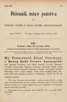 Dziennik Ustaw Państwa dla Królestw i Krajów w Radzie Państwa Reprezentowanych. 1884, cz. 39