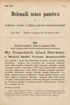 Dziennik Ustaw Państwa dla Królestw i Krajów w Radzie Państwa Reprezentowanych. 1884, cz. 41