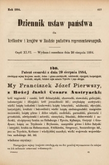 Dziennik Ustaw Państwa dla Królestw i Krajów w Radzie Państwa Reprezentowanych. 1884, cz. 46