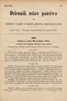 Dziennik Ustaw Państwa dla Królestw i Krajów w Radzie Państwa Reprezentowanych. 1884, cz. 62