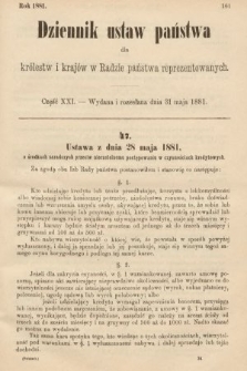 Dziennik Ustaw Państwa dla Królestw i Krajów w Radzie Państwa Reprezentowanych. 1881, cz. 21