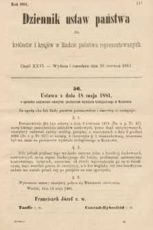 Dziennik Ustaw Państwa dla Królestw i Krajów w Radzie Państwa Reprezentowanych. 1881, cz. 26