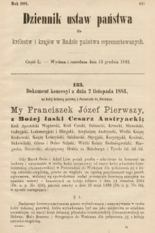 Dziennik Ustaw Państwa dla Królestw i Krajów w Radzie Państwa Reprezentowanych. 1881, cz. 50