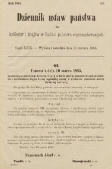 Dziennik Ustaw Państwa dla Królestw i Krajów w Radzie Państwa Reprezentowanych. 1885, cz. 29