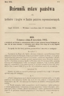 Dziennik Ustaw Państwa dla Królestw i Krajów w Radzie Państwa Reprezentowanych. 1885, cz. 39