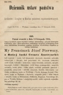 Dziennik Ustaw Państwa dla Królestw i Krajów w Radzie Państwa Reprezentowanych. 1885, cz. 48