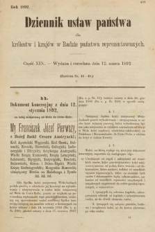 Dziennik Ustaw Państwa dla Królestw i Krajów w Radzie Państwa Reprezentowanych. 1892, cz. 19