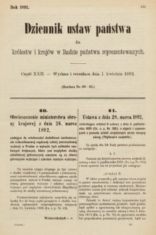 Dziennik Ustaw Państwa dla Królestw i Krajów w Radzie Państwa Reprezentowanych. 1892, cz. 22