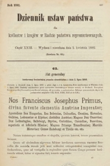 Dziennik Ustaw Państwa dla Królestw i Krajów w Radzie Państwa Reprezentowanych. 1892, cz. 23